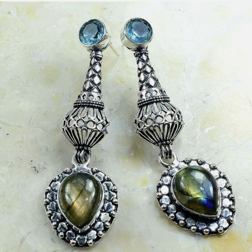 New Blue Topaz & Labradorite 925 Silver Stud Statement Earrings.